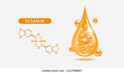 Sesamin drop and structure black sesame extract isolated on white background. Vitamin complex orange. Food supplement nutrition design. Medical scientific concepts. 3D vector.