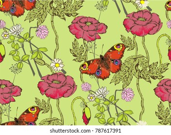 Sesmless pattern of poppy. Vector illustration