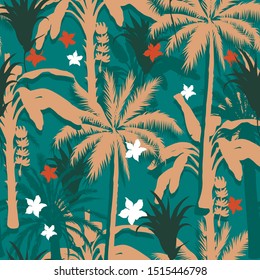 Sesmless vector pattern with palms, leaves, flowers for fabric, wrapping, design, textile, apparel, print, 