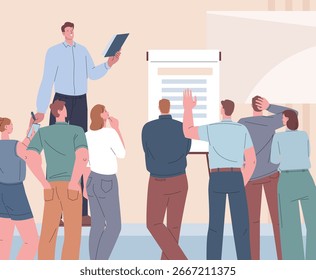 Session with coach. Speech by team leader or boss, corporate sales training, marketing. Students crowd at lecture, speaker on stage, vector scene