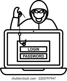 Session hijacking Concept, hackers attempt to steal valuable information vector line icon design, cyber-terrorism symbol, Cyberpunk Sign, security breakers stock illustration