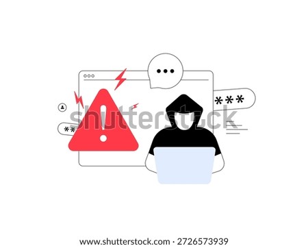 Session hijacking cyber attack hacker. Warning laptop sign stolen data unauthorized access security breach fraud threat phishing malware data theft account takeover digital crime vector illustration