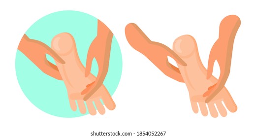Session in massage salon. Hands of masseur doing doing of foot massage. Relaxed. Concept of Spa, massage parlor, beauty salon. Isolated icon, illustration in white background in flat vector style 