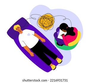 Session with psychologist - colorful flat design style illustration with linear elements. Composition with male patient and female doctor helping to solve mental problems. Unravel thoughts idea