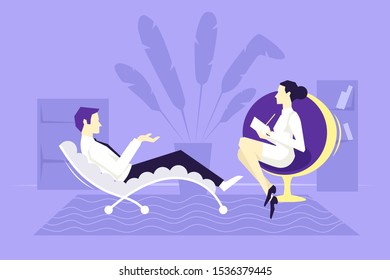 Session with a psychologist in the office. A man is talking to a doctor. Flat vector illustration. Medicine, testing and communication.