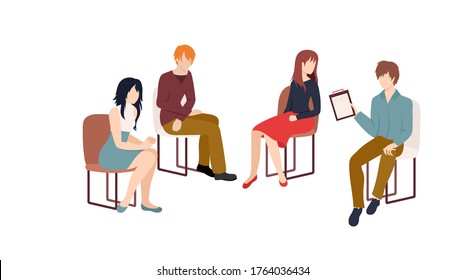 Session with a psychotherapist background. Modern illustration slider site page. Group session with a psychotherapist concept. Group doctor's appointment web banner. 