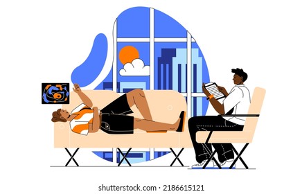 Session with psychotherapist. Young girl lies on couch and talks about thoughts to specialist. Mental health and psychological problems. Confusion and uncertainty. Cartoon flat vector illustration