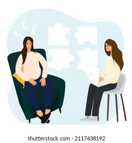 Session Of Psychotherapy Or Mental Help For A Pregnant Woman. The Concept Of Psychological Health At The Reception Of A Psychologist. Flat Vector Illustration