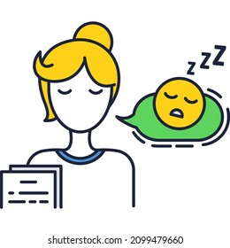 Session time icon. Vector woman and sleeping chat speech bubble isolated on white background. Digital communication, lecture, online education, remote training course