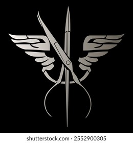 Sessor and feather logo concept with soft gradients on black background. Blade celtic design illustration symbol. ornament tatto shield with sword drawing.