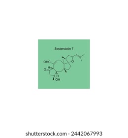 Sesterstatin 7 diagrama de estructura esquelética. Sesterterpene compuesto molécula ilustración científica sobre fondo verde.