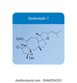 Sesterstatin 7 skeletal structure diagram.Sesterterpene compound molecule scientific illustration on blue background.