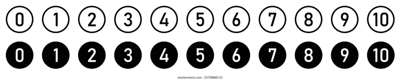 Set of 0 to 10 numbers simple design isolated. Typography set of rounds 0 to 10 Numbers. Numeral typographic line and flat icons set. Bullet point number icon collection. Vector illustration.