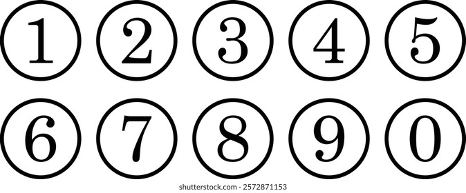 set of 0 to 9 black number icon on black outline circle vector illustration.