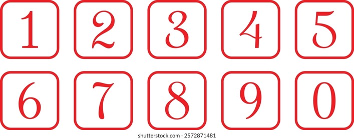 set of 0 to 9 red number icon on red outline rounded rectangle vector illustration.