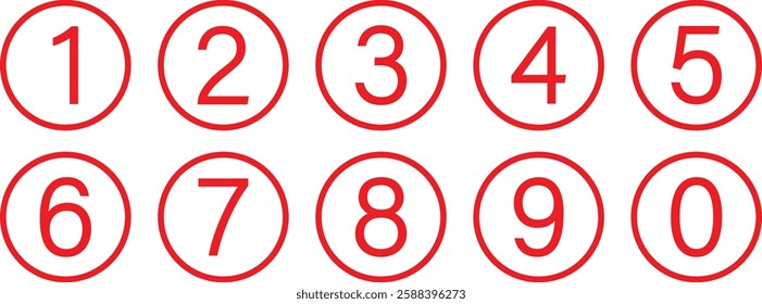 set of 0 to 9 red number icon on red outline circle vector illustration.