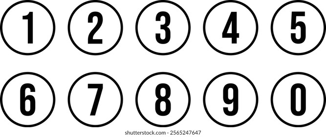 set of 0 to 9 white number on outline black circle vector illustration.