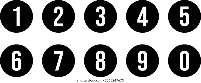 set of 0 to 9 white number on black circle vector illustration.