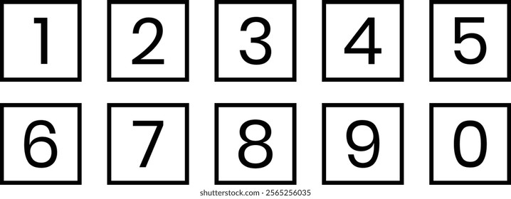 set of 0 to 9 white number on outline black rectangle vector illustration.