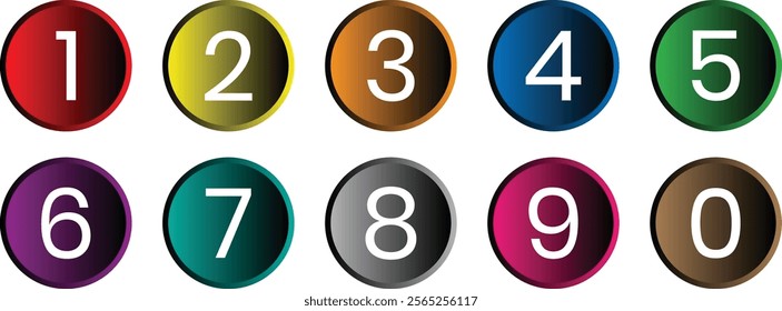 set of 0 to 9 white number on gradient circle vector illustration.