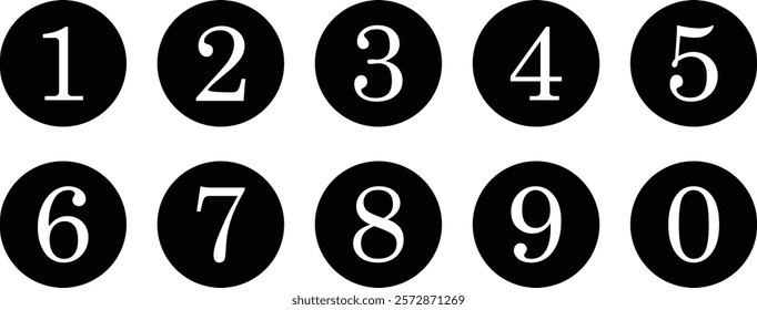 set of 0 to 9 white number icon on dark circle vector illustration.