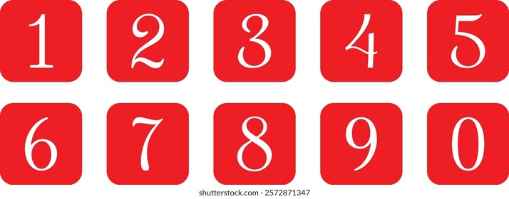 set of 0 to 9 white number icon on red rounded rectangle vector illustration.