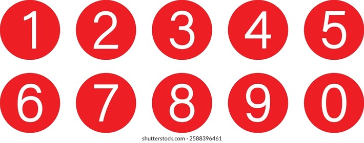 set of 0 to 9 white number icon on red circle vector illustration.