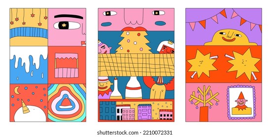 set of 00s template for social media.1970 psychedelic christmas poster.Acid, trippy art placard.90s and 2000s new year postcard.2000s template for stories.Groove and funky collage art.Abstract holiday