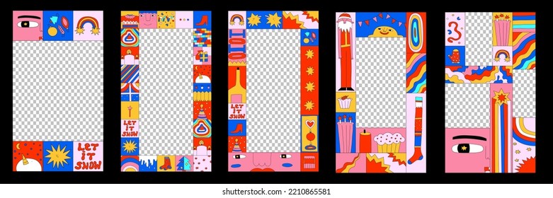 set of 00s template for social media.transparent frame.1970 psychedelic christmas poster.Acid, trippy art placard.90s and 2000s new year postcard.2000s template for stories.Groove and funky collage