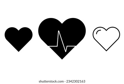 Set of 03 heart graphic vector shapes in black color with isolated white background, heart icons, modern icons shapes