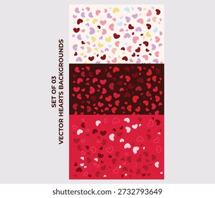 Conjunto de 03 corações padrão sem costura no fundo branco, preto e vermelho