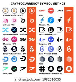 Set 03 of isolated cryptocurrency symbols, digital coins icons in monochrome and color. Vector illustration.