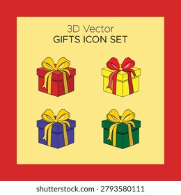 Set of 04 3D Vector Gift Box Icons in Red, Blue, Yellow and Green Color Accents, Realistic Present Boxes Illustration Pack, Isolated Celebration Gift Elements for UI Design, Web Graphics