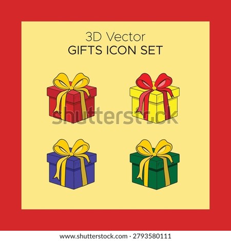 Set of 04 3D Vector Gift Box Icons in Red, Blue, Yellow and Green Color Accents, Realistic Present Boxes Illustration Pack, Isolated Celebration Gift Elements for UI Design, Web Graphics