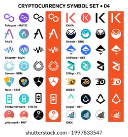 Set 04 of isolated cryptocurrency symbols, digital coins icons in monochrome and color. Vector illustration.