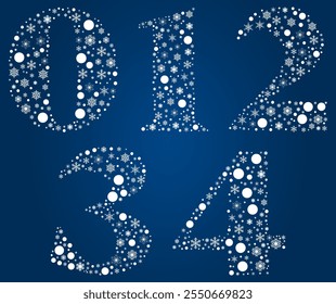 Set of 0-4 numbers create from white snowflakes and dots for your winter christmas design - vector illustration