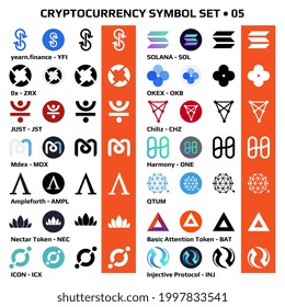 Set 05 of isolated cryptocurrency symbols, digital coins icons in monochrome and color. Vector illustration.