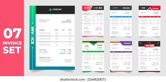 set of 07 Mega collection corporate modern minimal Business invoice form template. Invoicing quotes, money bill, Tax form, payment receipt, price invoices and payment agreement design template set.