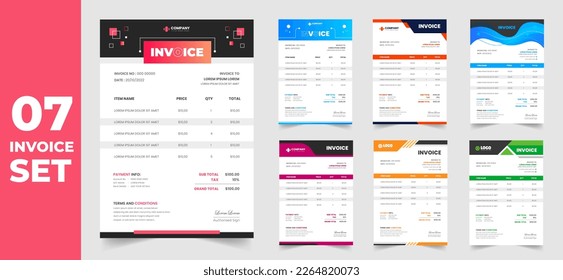 set of 07 Mega collection corporate modern minimal Business invoice form template. Invoicing quotes, money bill, Tax form, payment receipt, price invoices and payment agreement design template set.