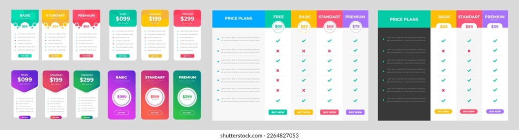 conjunto de 07 Mega tabla de precios de colección y tabla de precios Lista de precios plantilla vectorial para web o app. Tablas de diseño Ui UX con tarifas, suscripción y planes de negocio.