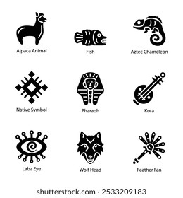 Set of 09 Aztec Symbols Solid Icons 

