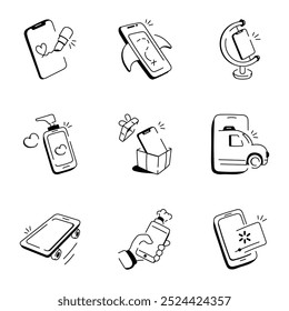 Set of 09 Mobile Apps Doodle Icons  

