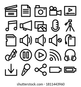 set 0f 25 icono multimedia. Incluya el símbolo de cámara, el tapón, el vídeo, el trípode y más. Conjunto de iconos con un píxel de 32 px.