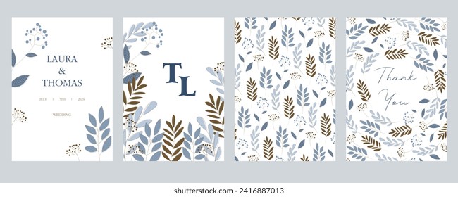 Set 0f vector frames. Hand painted branches, leaves on white background.Wedding simple minimalist invitations. Watercolor style cards. Elements are isolated and editable