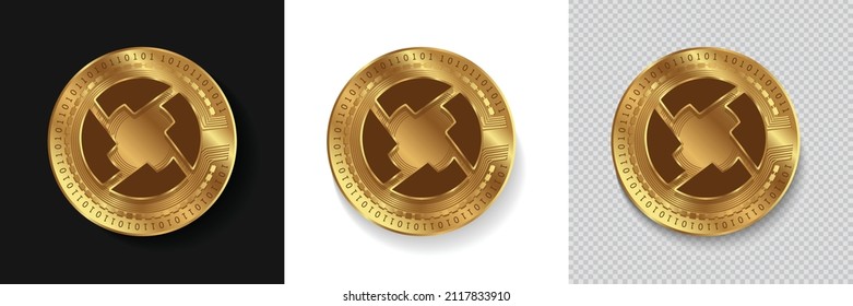 Conjunto de logotipo de criptodivisa 0x ZRX en la ilustración vectorial de monedas doradas aislada en fondo blanco, oscuro y transparente. Puede utilizarse como etiqueta criptográfica, pegatina, icono, placa, emblema y diseño de impresión.