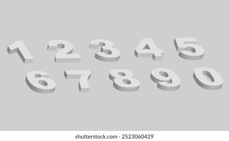 Conjunto de 1 a 10 figuras de color blanco sobre fondo gris. conjunto de ilustraciones de iconos de números. Números matemáticos 3D y símbolos. Alfabetos de Vector