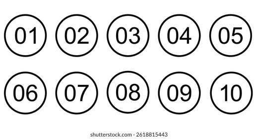 Set of 1 to 10 numbers simple design isolated. Typography set of rounds 1 to 10 Numbers. Bullet point number icons collection. Numeral typographic line and flat icons set. Vector illustration eps 10.
