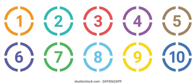 Conjunto de 1 a 10 números design simples isolado. Conjunto tipográfico de números de rodadas 1 a 10. Coleção de ícones de número de marcador. Linha tipográfica numérica e conjunto de ícones planos. Ilustração vetorial