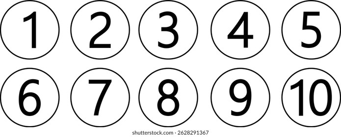 Set of 1 to 10 numbers. Typography set of rounds Numbers. Numeral typographic flat icons. Bullet point number collection isolated on transparent background. Simple design. Vector illustration.