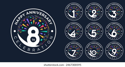 set of 1 to 10th anniversary logotype design, with colorful fireworks for celebration event, wedding, and birthday, vector illustration